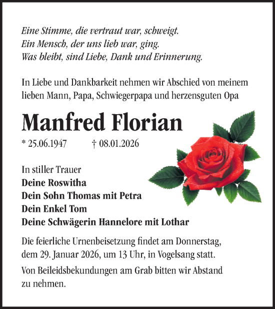 Traueranzeige von Manfred Florian von Märkische Oderzeitung