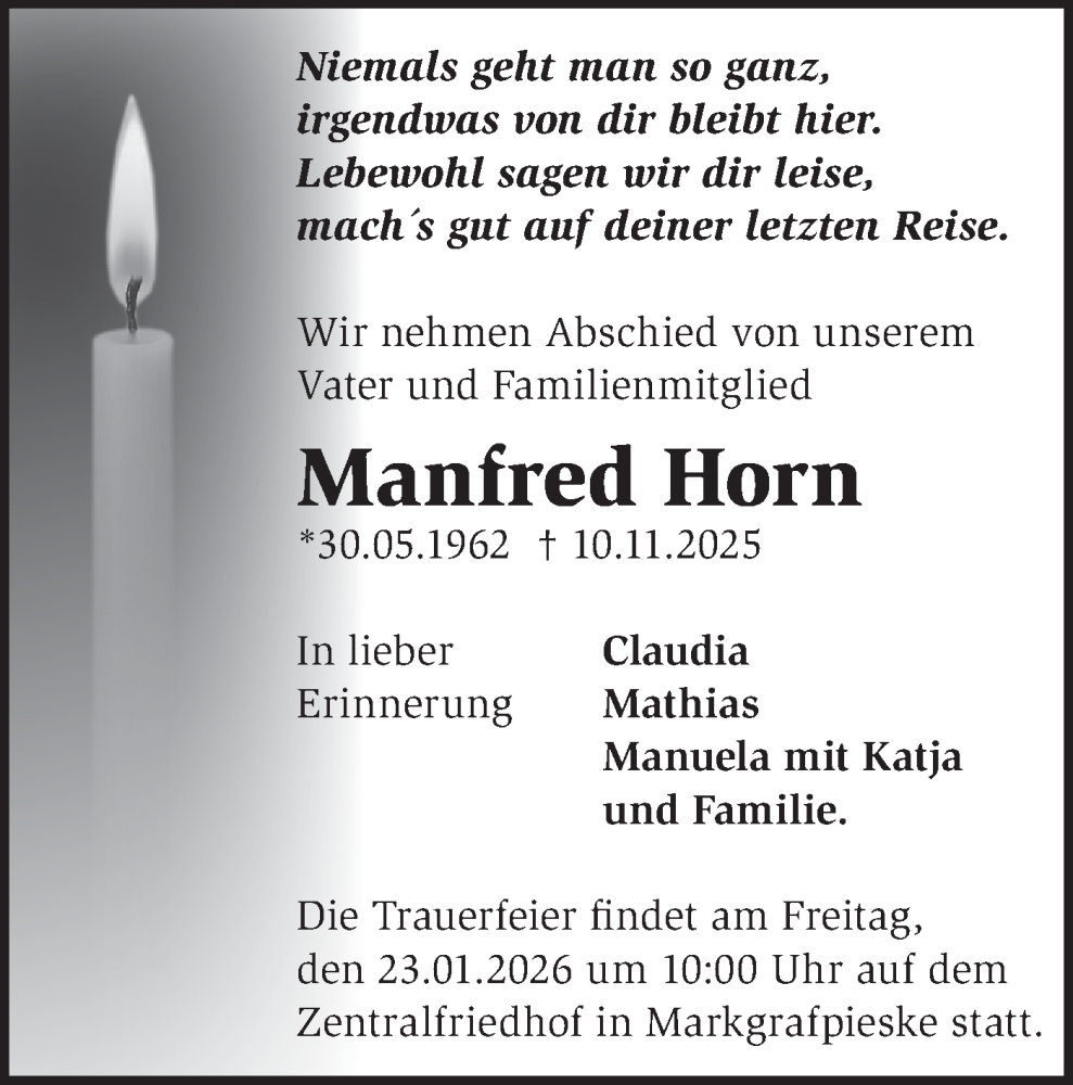  Traueranzeige für Manfred Horn vom 17.01.2026 aus Märkische Oderzeitung