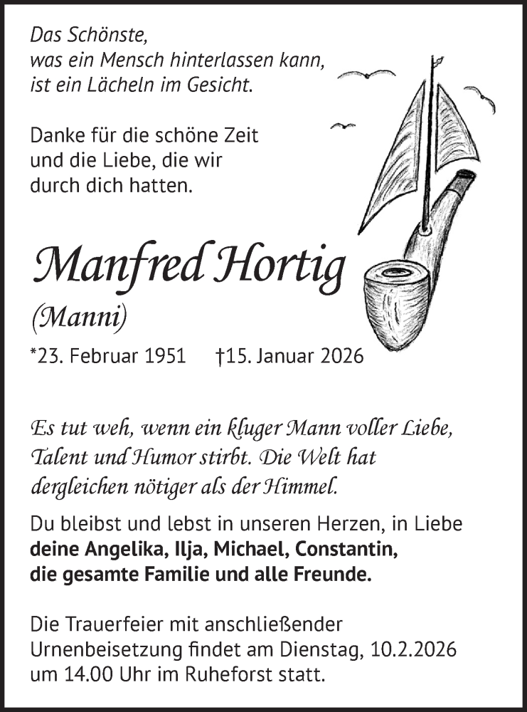  Traueranzeige für Manfred Hortig vom 24.01.2026 aus Märkische Oderzeitung