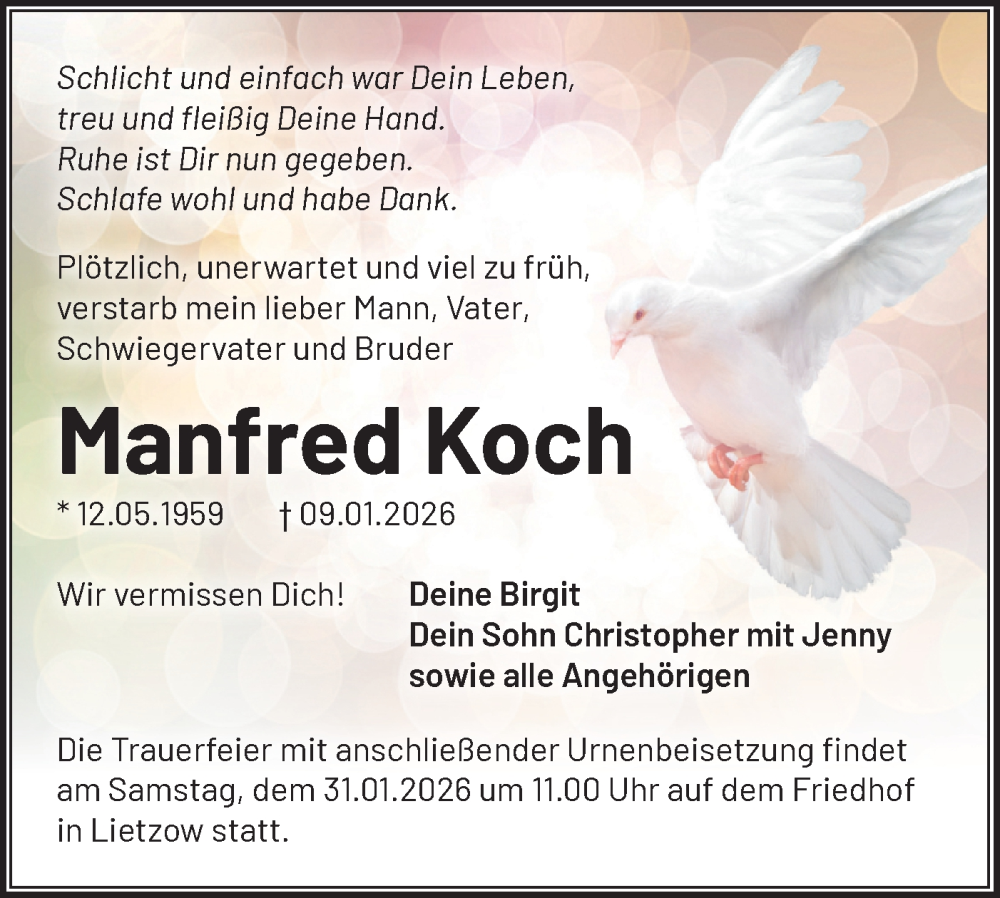  Traueranzeige für Manfred Koch vom 17.01.2026 aus Märkische Oderzeitung