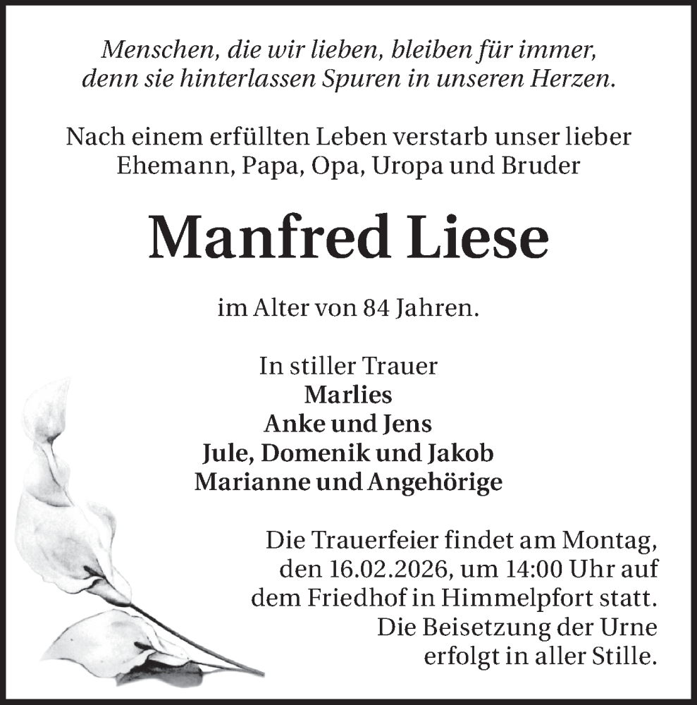  Traueranzeige für Manfred Liese vom 23.01.2026 aus Märkische Oderzeitung