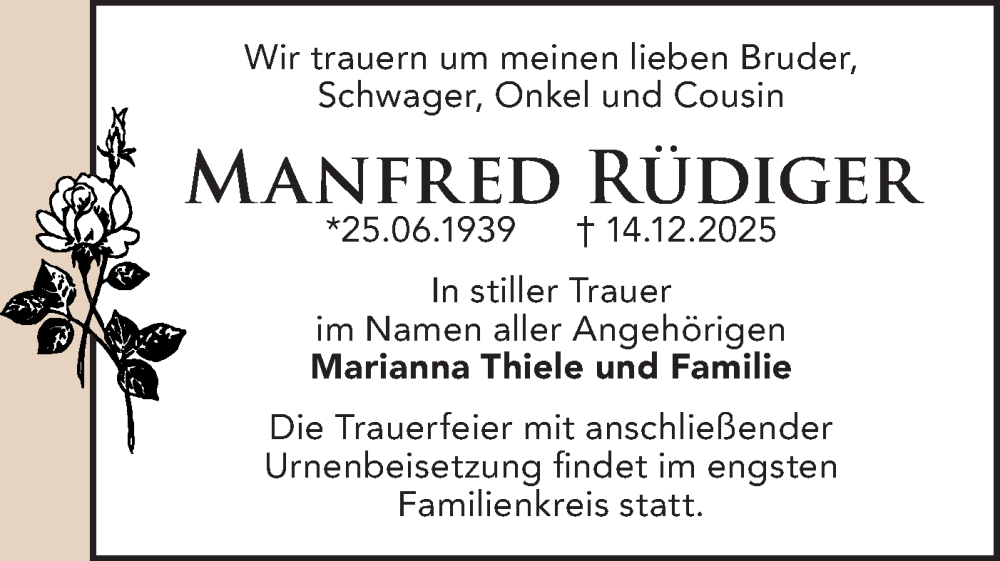  Traueranzeige für Manfred Rüdiger vom 03.01.2026 aus Märkische Oderzeitung