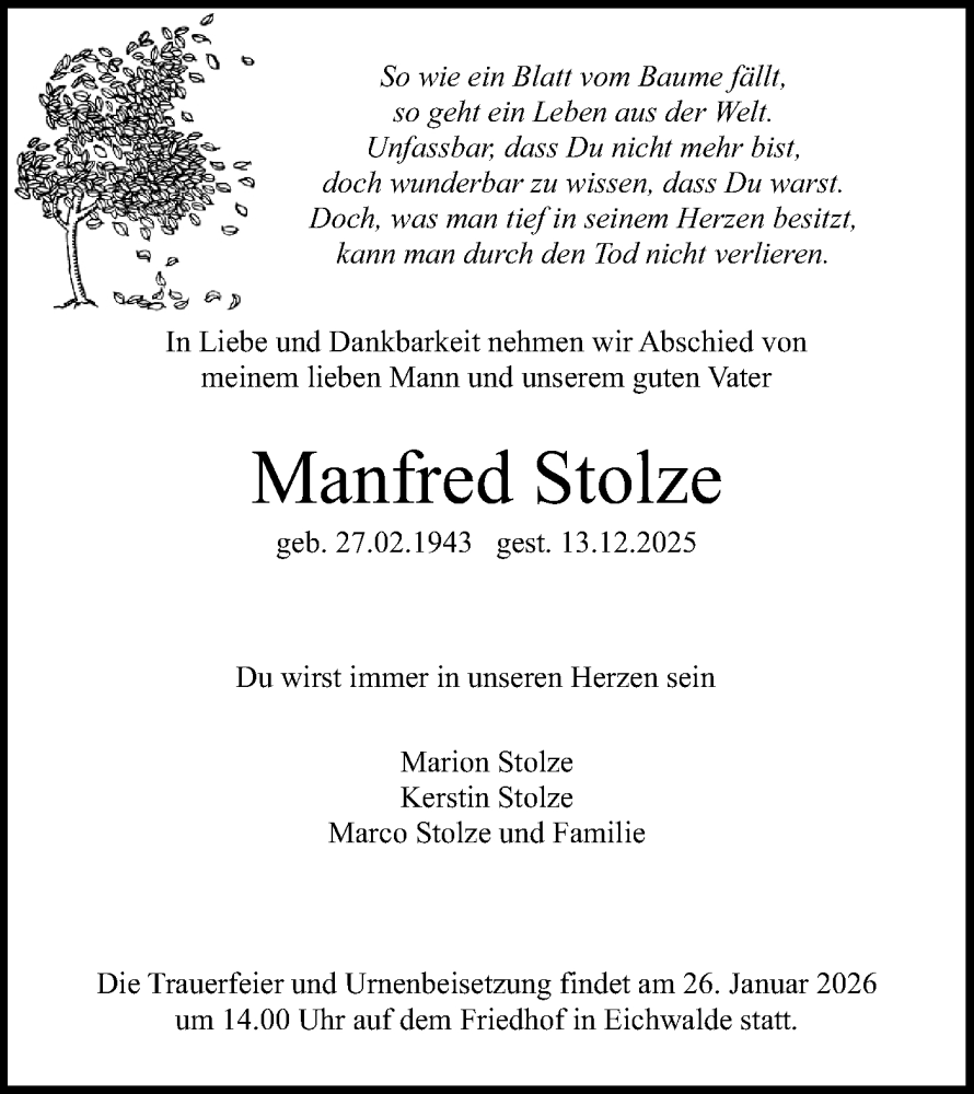  Traueranzeige für Manfred Stolze vom 17.01.2026 aus Blickpunkt Königs Wusterhausen
