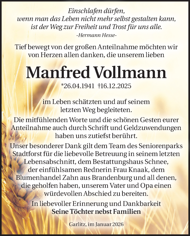  Traueranzeige für Manfred Vollmann vom 24.01.2026 aus Märkische Oderzeitung