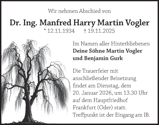 Traueranzeige von Manfred Harry Martin Vogler von Märkische Oderzeitung
