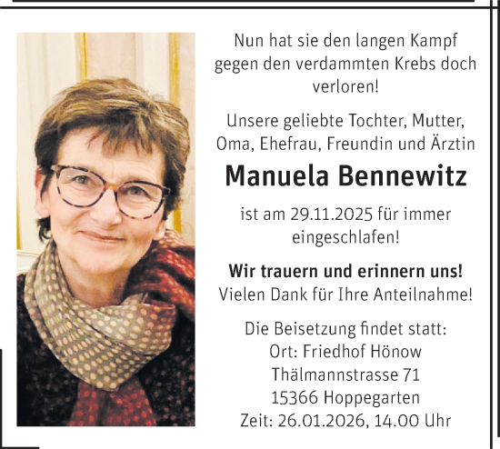 Traueranzeige von Manuela Bennewitz von Märkische Oderzeitung