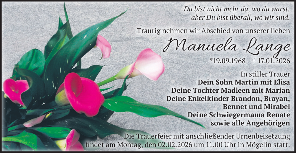  Traueranzeige für Manuela Lange vom 24.01.2026 aus Märkische Oderzeitung