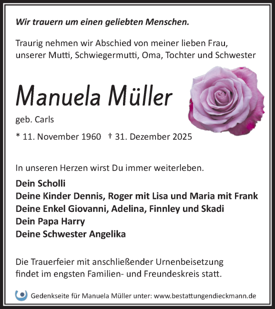 Traueranzeige von Manuela Müller von Märkische Oderzeitung