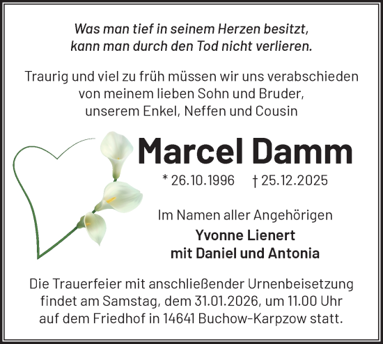 Traueranzeige von Marcel Damm von Märkische Oderzeitung