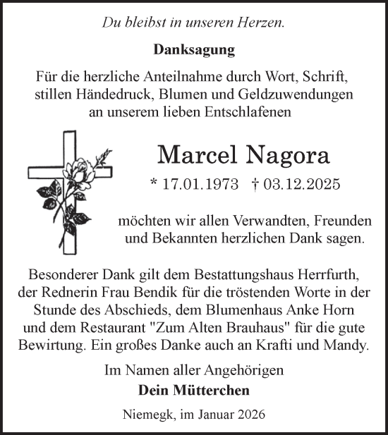 Traueranzeige von Marcel Nagora von Märkische Oderzeitung