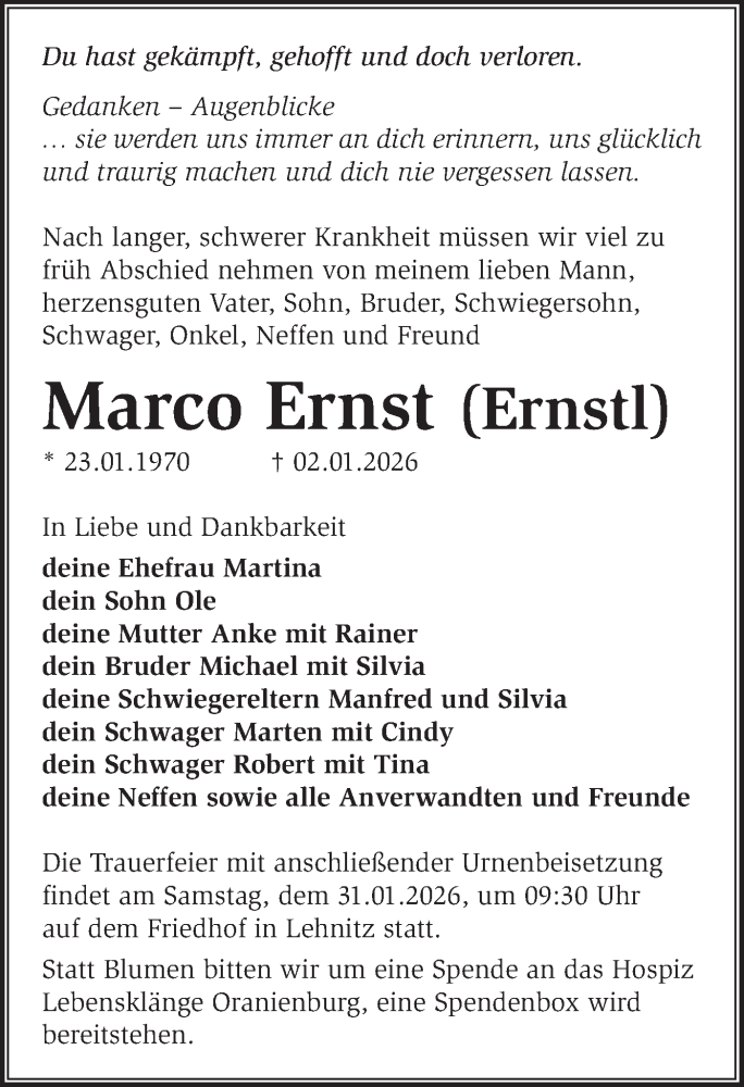  Traueranzeige für Marco Ernst vom 17.01.2026 aus Märkische Oderzeitung