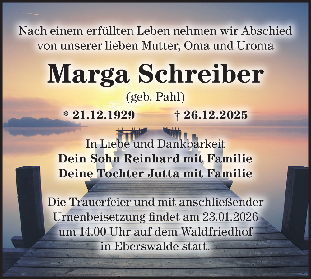  Traueranzeige für Marga Schreiber vom 10.01.2026 aus Märkische Oderzeitung