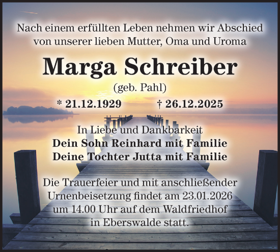 Traueranzeige von Marga Schreiber von Märkische Oderzeitung
