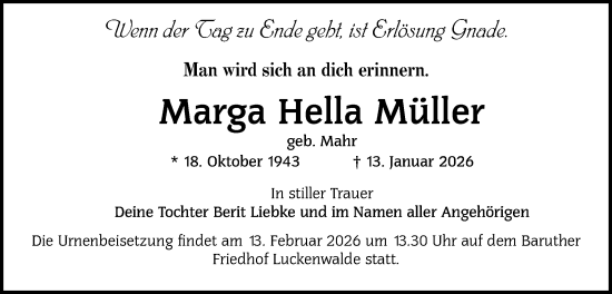 Traueranzeige von Marga Hella Müller von Blickpunkt Jüterbog/Luckenwalde