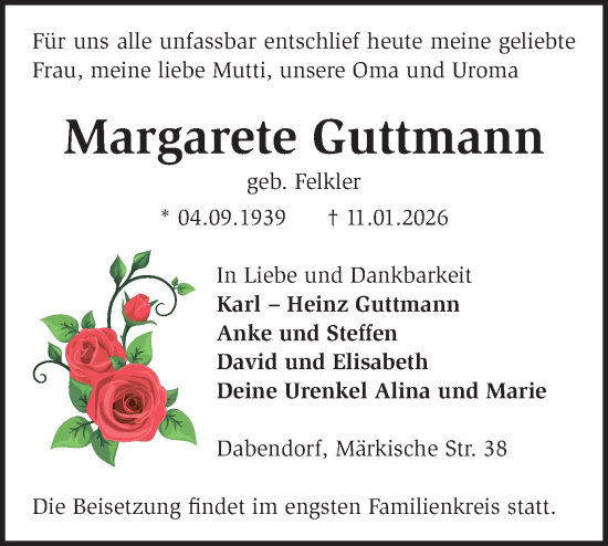 Traueranzeige von Margarete Guttmann von Blickpunkt Ludwigsfelde/Zossen