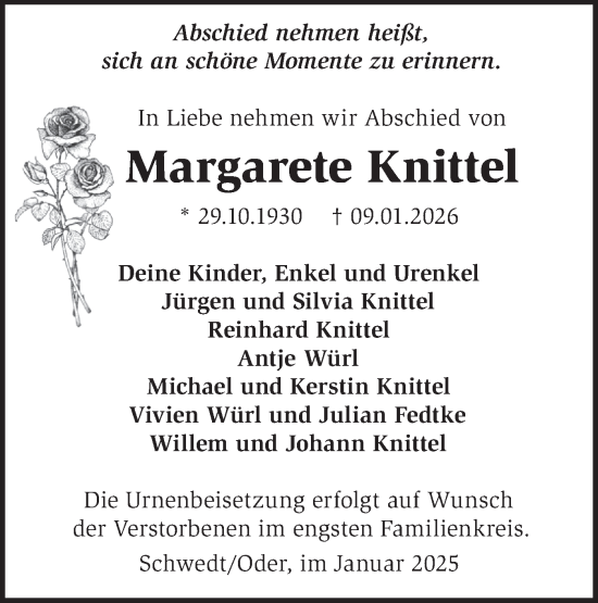 Traueranzeige von Margarete Knittel von MO Uckerm.-Anz.