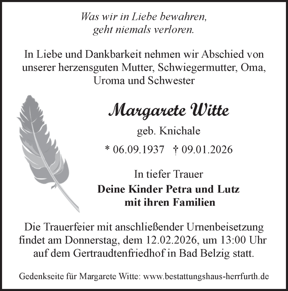  Traueranzeige für Margarete Witte vom 31.01.2026 aus Märkische Oderzeitung