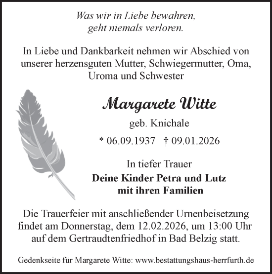 Traueranzeige von Margarete Witte von Märkische Oderzeitung