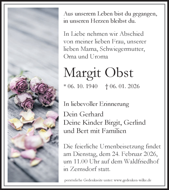 Traueranzeige von Margit Obst von Blickpunkt Königs Wusterhausen