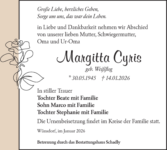 Traueranzeige von Margitta Cyris von Blickpunkt Ludwigsfelde/Zossen