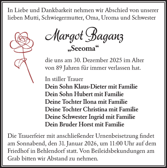 Traueranzeige von Margot Baganz von Märkische Oderzeitung