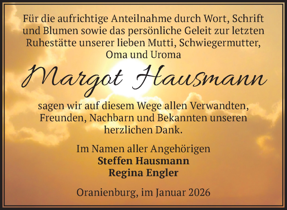  Traueranzeige für Margot Hausmann vom 31.01.2026 aus Märkische Oderzeitung