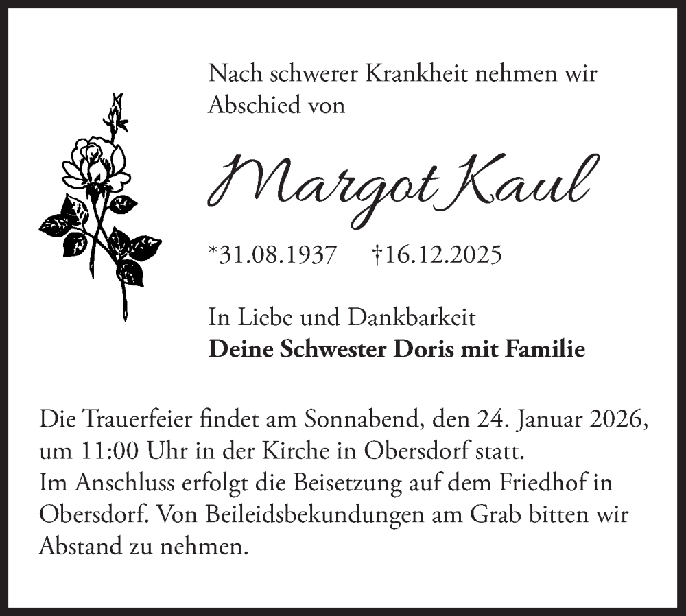  Traueranzeige für Margot Kaul vom 17.01.2026 aus Märkische Oderzeitung