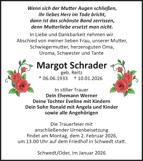 Traueranzeige von Margot Schrader von MO Uckerm.-Anz.