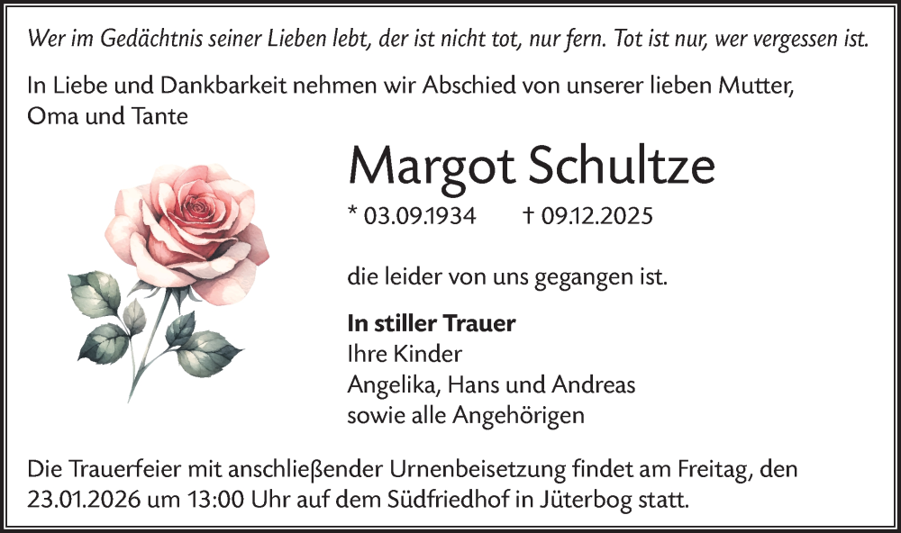  Traueranzeige für Margot Schultze vom 10.01.2026 aus Blickpunkt Jüterbog/Luckenwalde