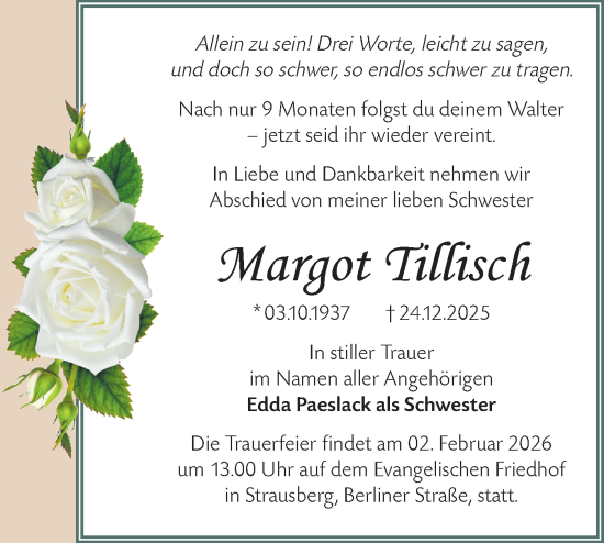 Traueranzeige von Margot Tillisch von Märkische Oderzeitung