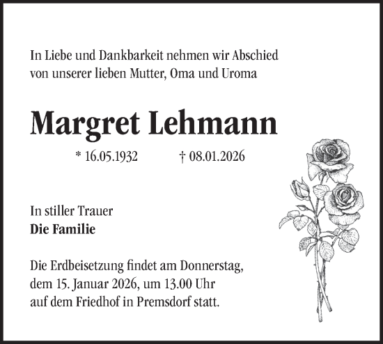 Traueranzeige von Margret Lehmann von Märkische Oderzeitung