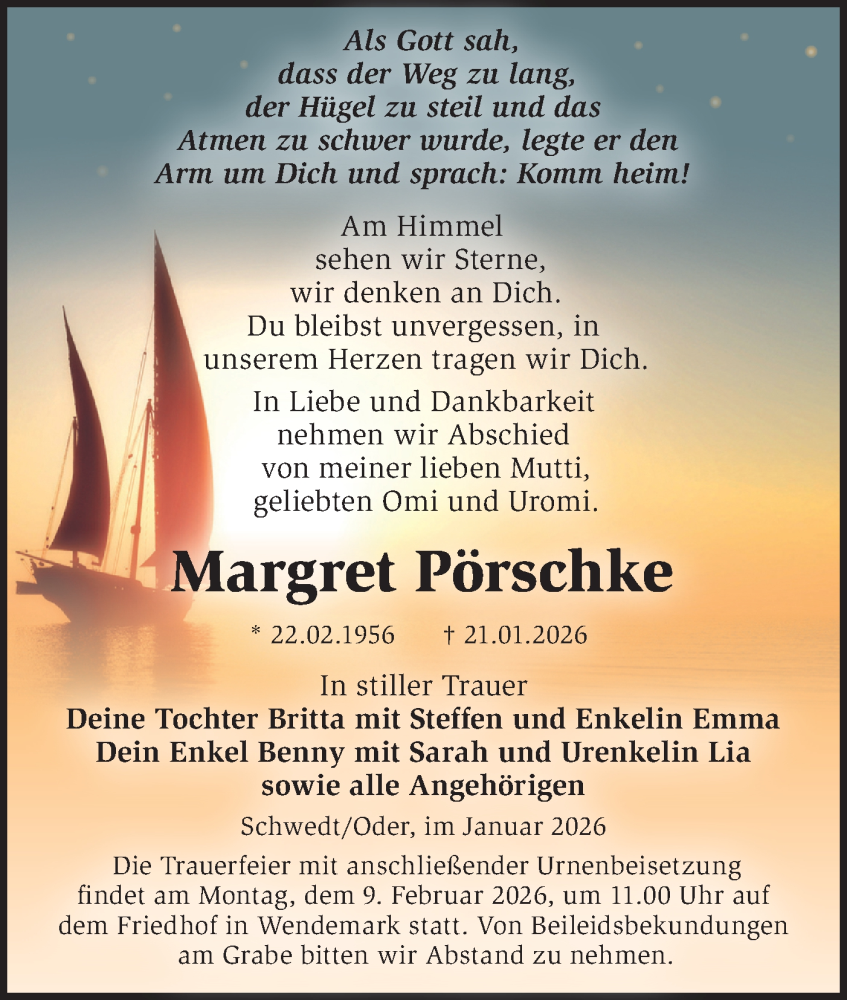  Traueranzeige für Margret Pörschke vom 31.01.2026 aus MO Uckerm.-Anz.