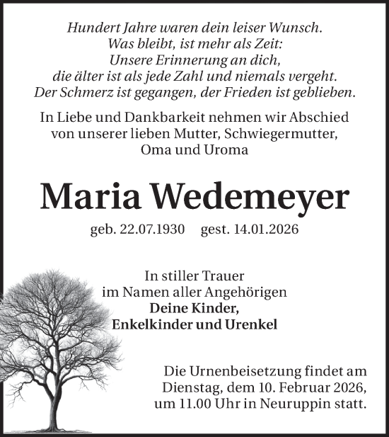 Traueranzeige von Maria Wedemeyer von Märkische Oderzeitung
