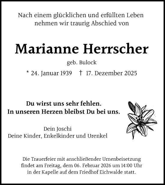Traueranzeige von Marianne Herrscher von Blickpunkt Königs Wusterhausen