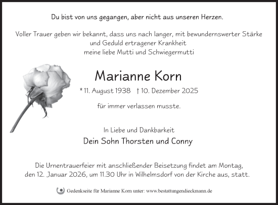 Traueranzeige von Marianne Korn von Märkische Oderzeitung