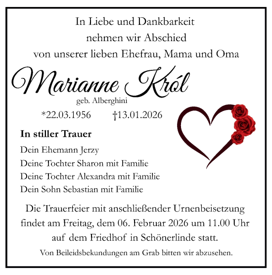 Traueranzeige von Marianne Król von Märkische Oderzeitung