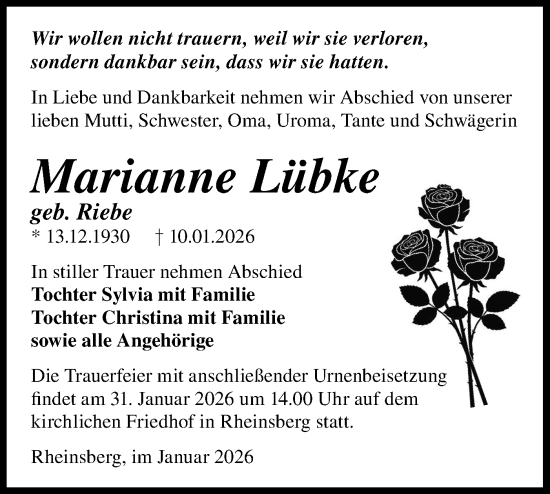 Traueranzeige von Marianne Lübke von Märkische Oderzeitung