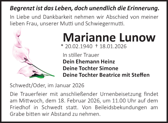 Traueranzeige von Marianne Lunow von MO Uckerm.-Anz.