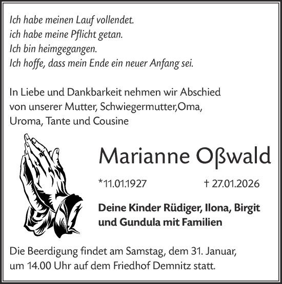 Traueranzeige von Marianne Oßwald von Märkische Oderzeitung