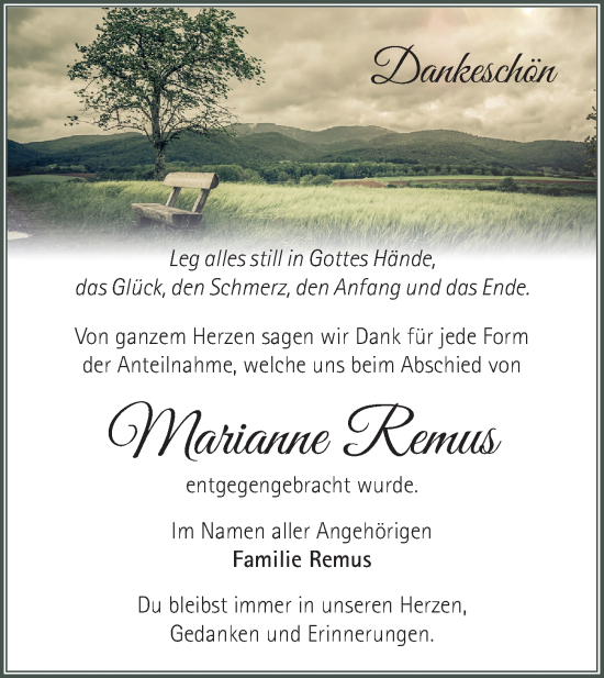 Traueranzeige von Marianne Remus von Märkische Oderzeitung
