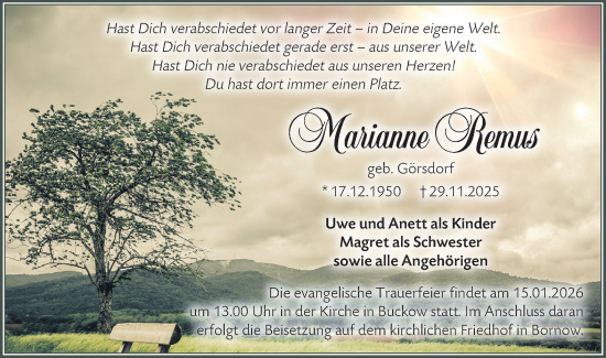 Traueranzeige von Marianne Remus von Märkische Oderzeitung
