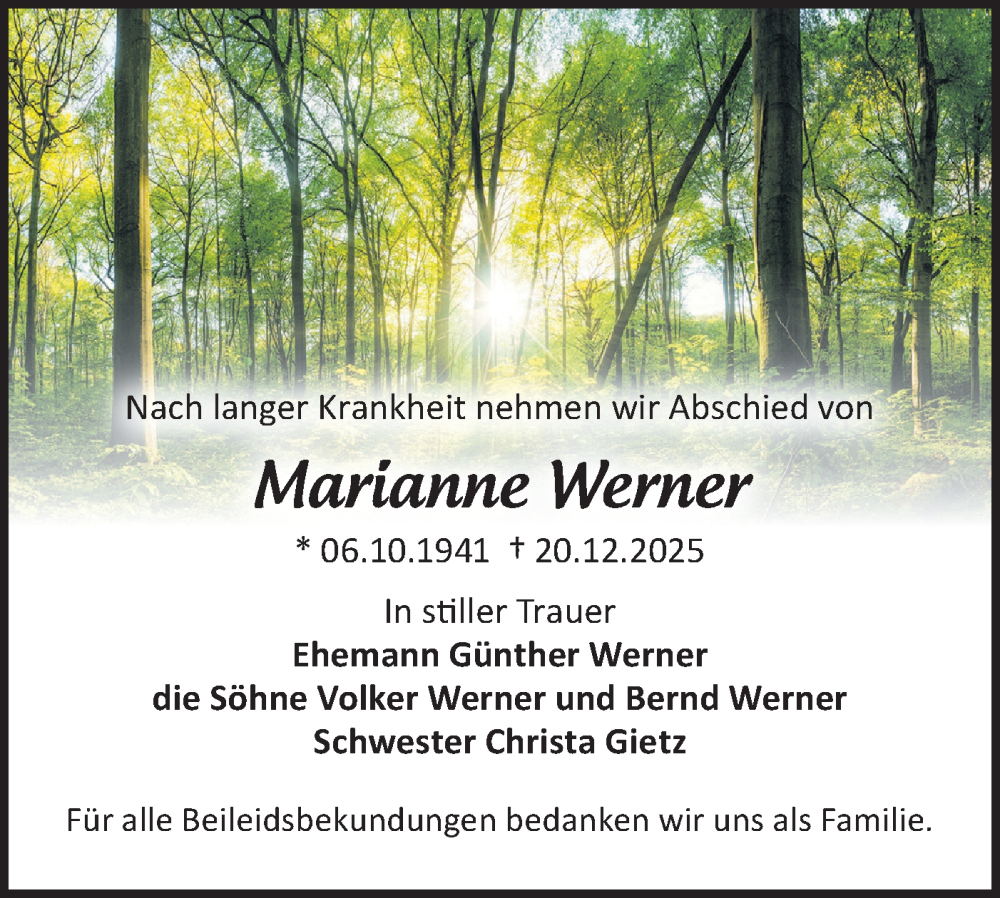  Traueranzeige für Marianne Werner vom 17.01.2026 aus Märkische Oderzeitung