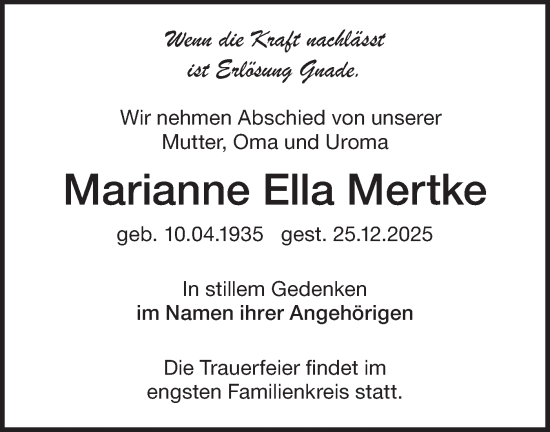 Traueranzeige von Marianne Ella Mertke von Märkische Oderzeitung