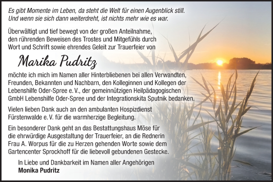 Traueranzeige von Marika Pudritz von Märkische Oderzeitung