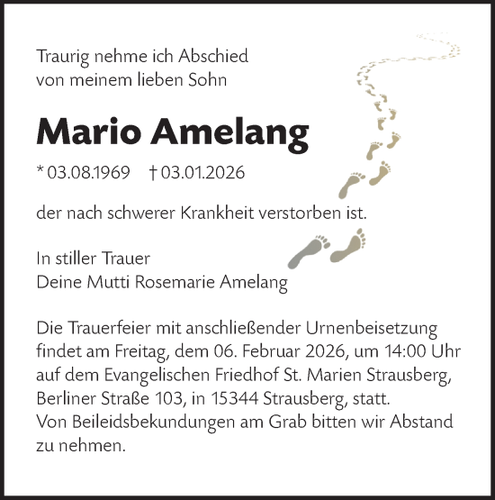 Traueranzeige von Mario Amelang von Märkische Oderzeitung