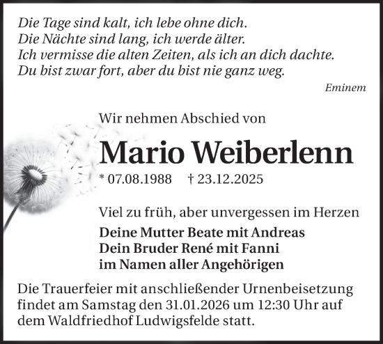 Traueranzeige von Mario Weiberlenn von Blickpunkt Ludwigsfelde/Zossen