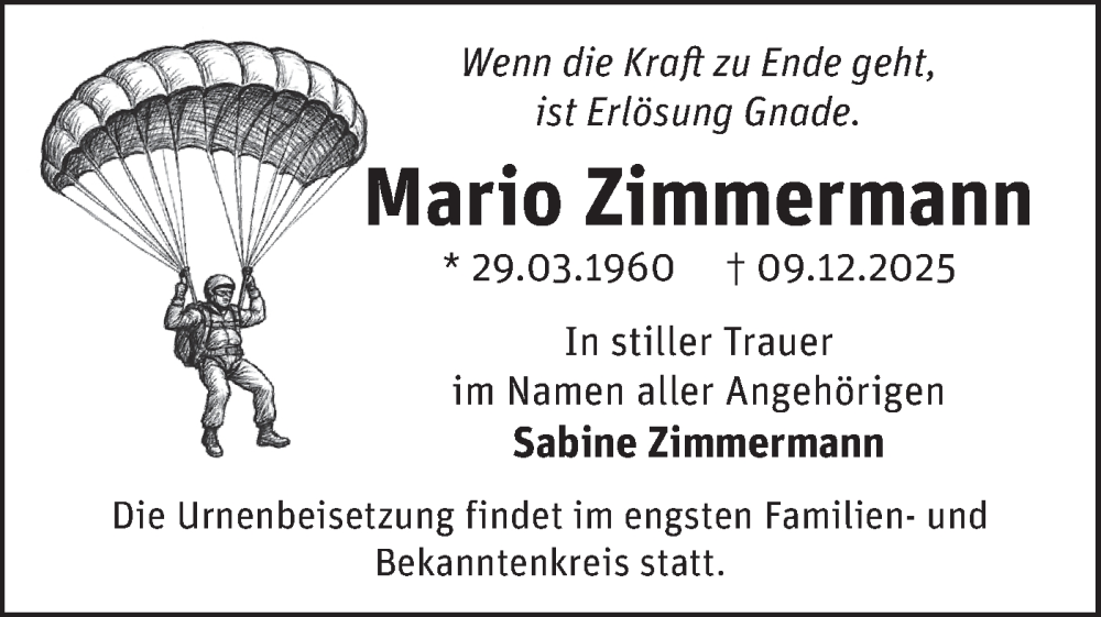  Traueranzeige für Mario Zimmermann vom 03.01.2026 aus Märkische Oderzeitung