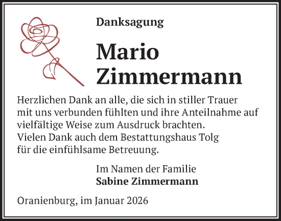 Traueranzeige von Mario Zimmermann von Märkische Oderzeitung