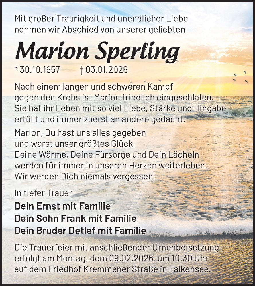  Traueranzeige für Marion Sperling vom 24.01.2026 aus Märkische Oderzeitung