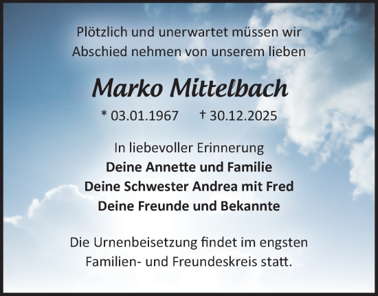 Traueranzeige von Marko Mittelbach von Märkische Oderzeitung